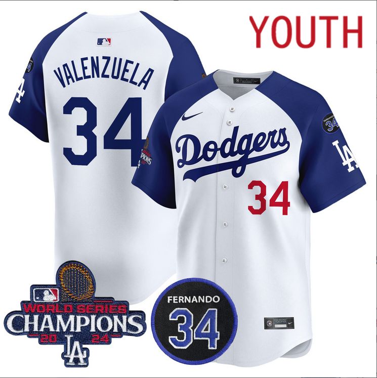 Youth  MLB Los Angeles Dodgers #34 Valenzuela white 2024 World Series Champions Patch Limited Jersey style 2->youth mlb jersey->Youth Jersey